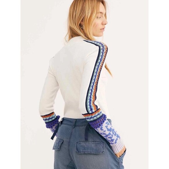 Free People Switch It Up Boho Thermal Top White Striped Crochet Sleeve - Picture 2 of 14